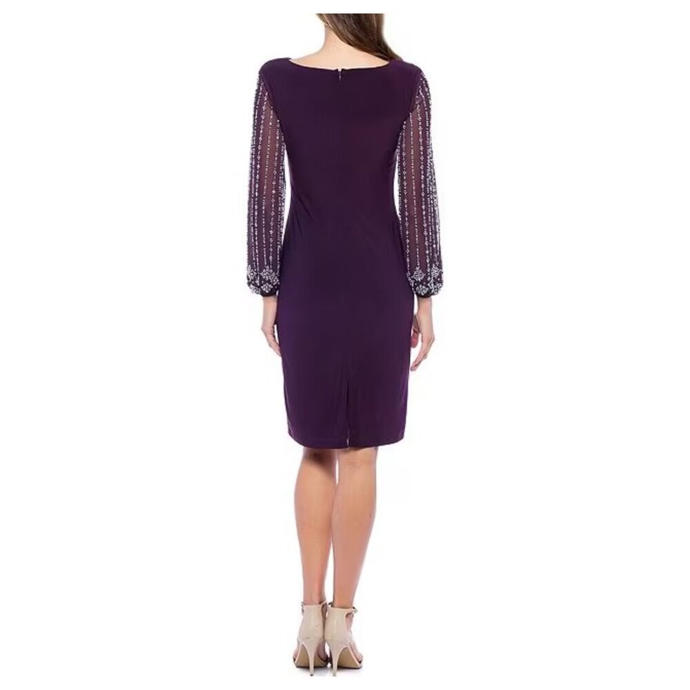 Marina Beaded Mesh Long Sleeve Side Drape Cocktail Dress Size 6 Plum Stretch - Picture 2 of 8